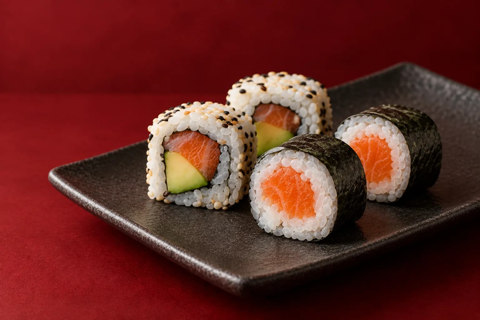 Illustration de makis et de california présentés sur une assiette