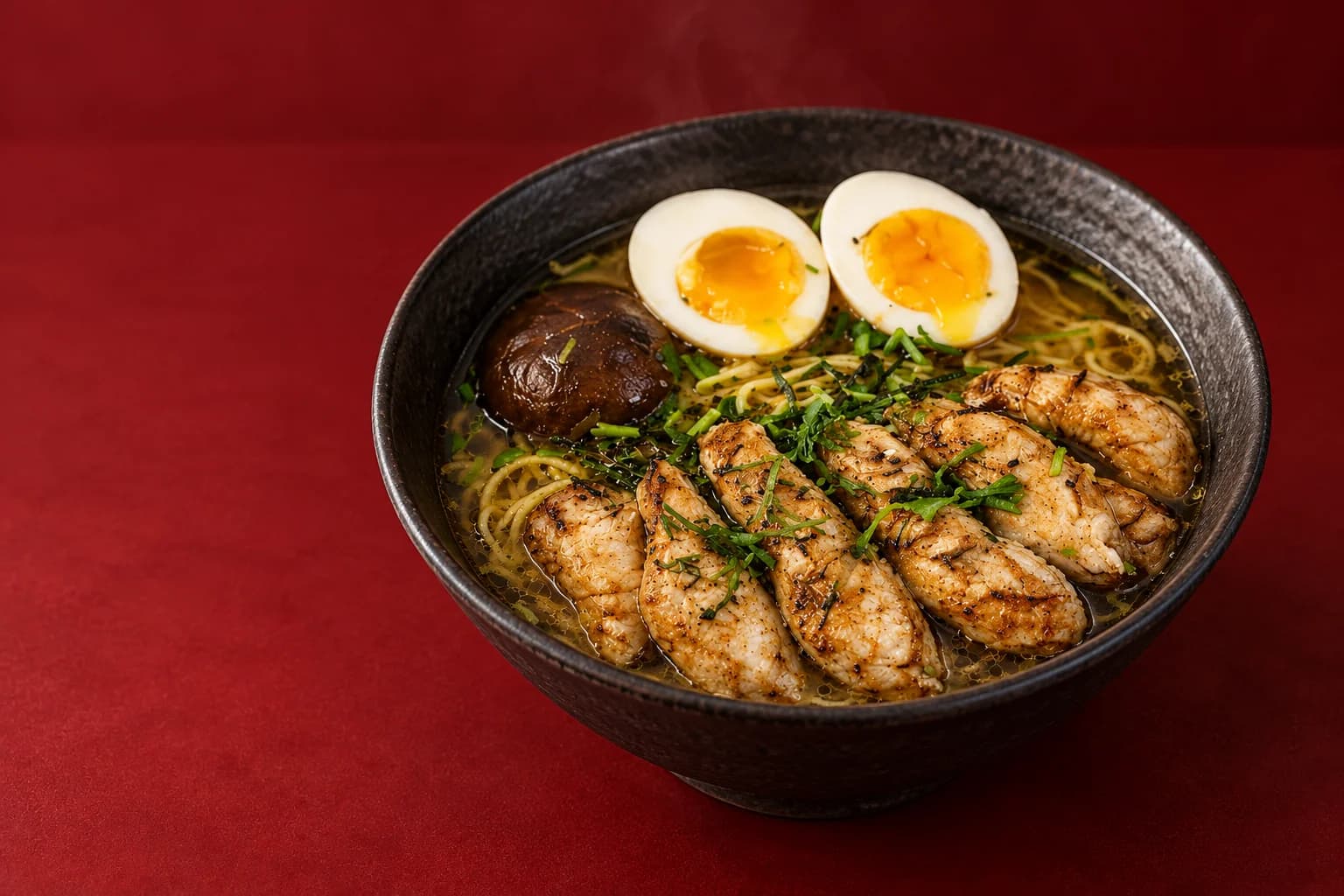 Illustration d’un bol de ramen avec nouilles, poulet, œuf et légumes