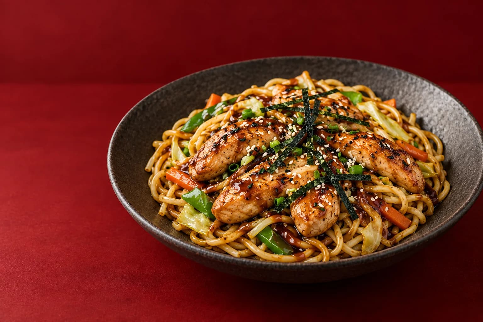 Illustration d’un plat de nouilles yakisoba avec poulet et légumes